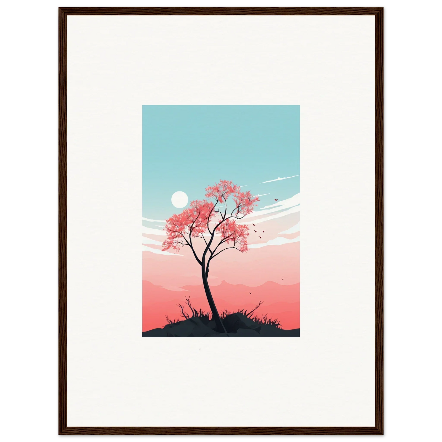 Lone tree with pink blossoms and pastel sky in Serenity’s Fluttering Whispers canvas print