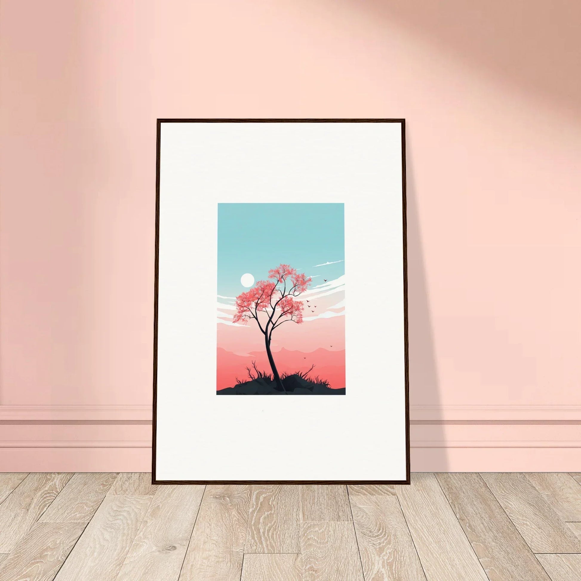 Framed canvas print of a silhouetted tree with pastel sky for serene room decoration