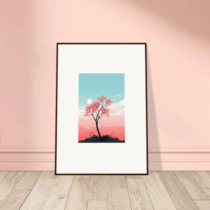 Framed canvas print of a silhouetted tree with pastel sky for serene room decoration