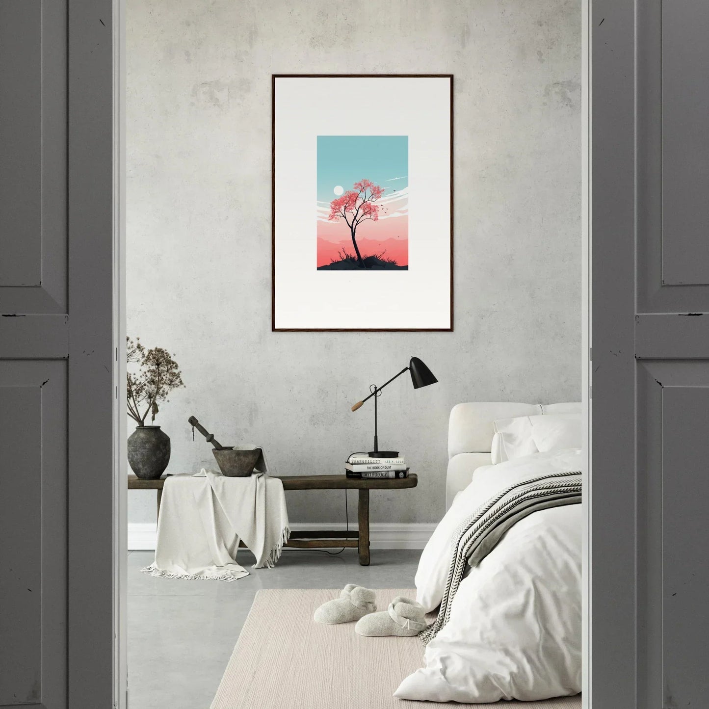 Framed canvas print of a lone tree with fluttering whispers in a colorful sky