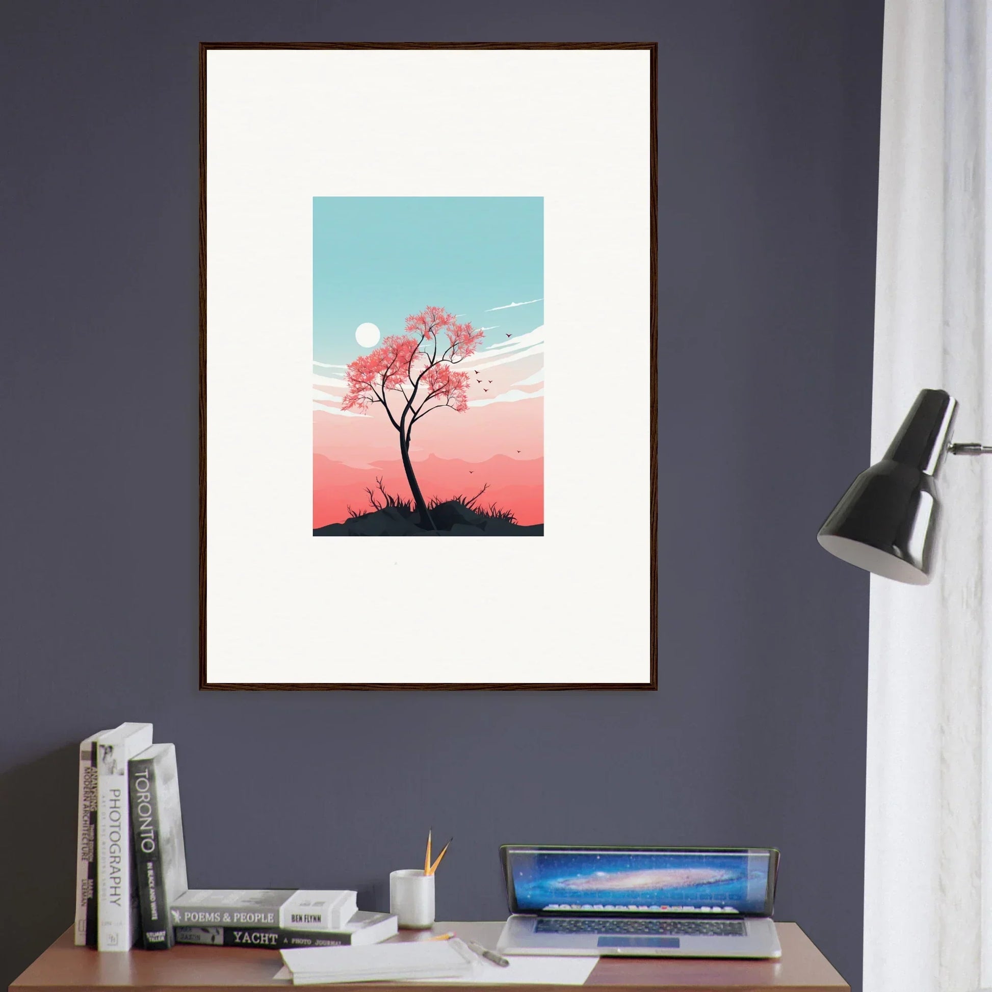 Framed canvas print of a tree silhouette in pastel sky for serene room decoration