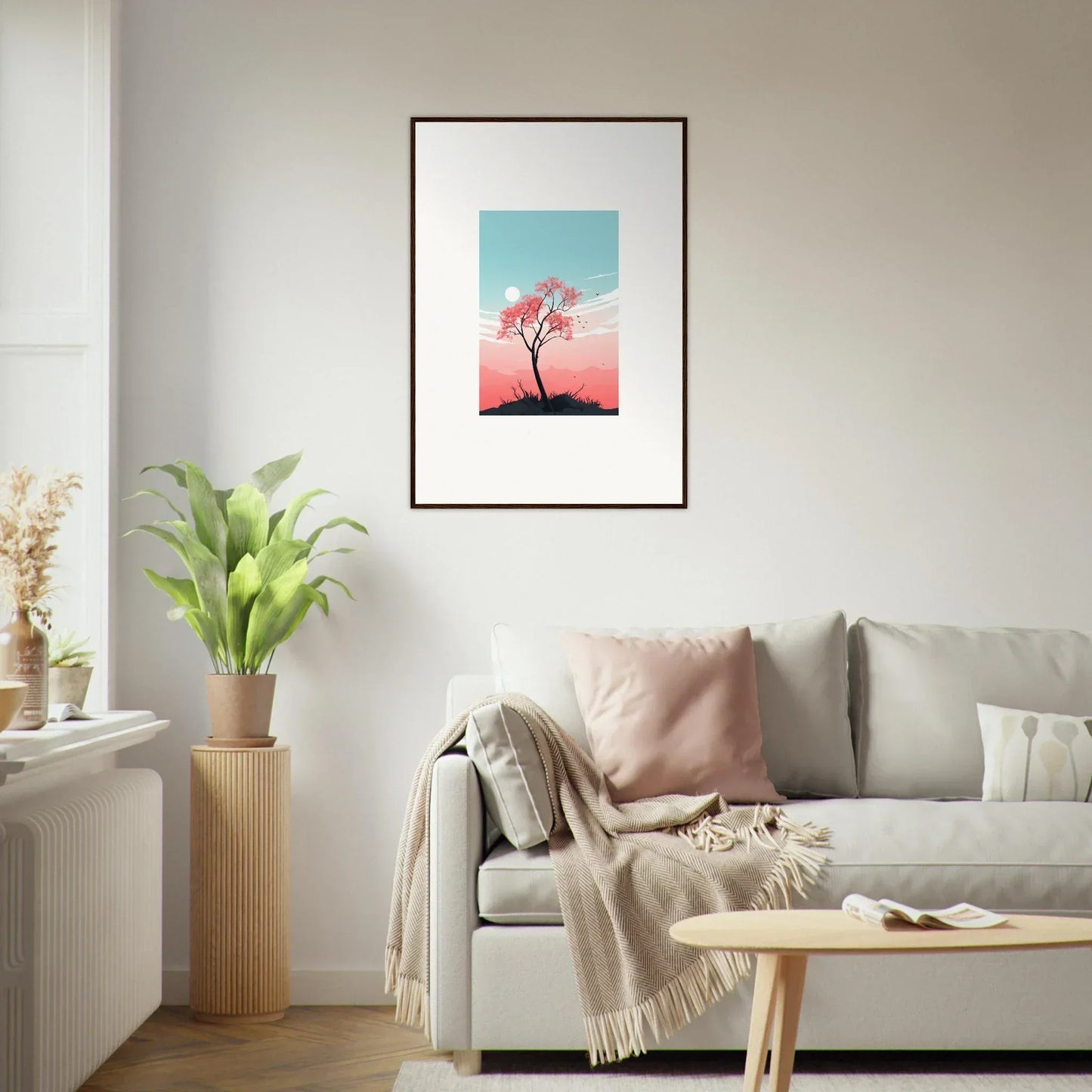 Framed canvas print of a solitary tree in pastel sky for serene room decoration