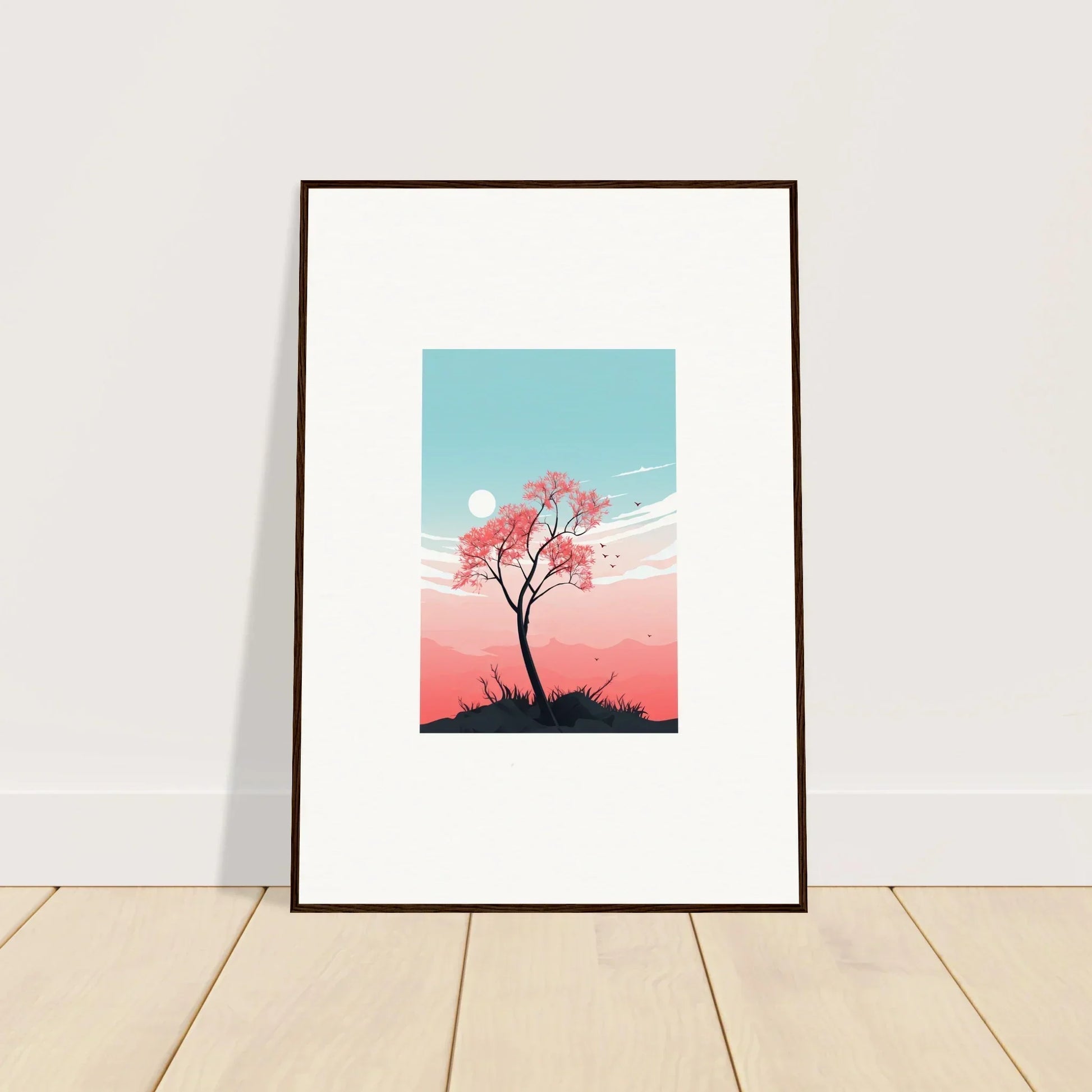 Framed canvas print of a lone tree with pink blossoms for serene room decoration