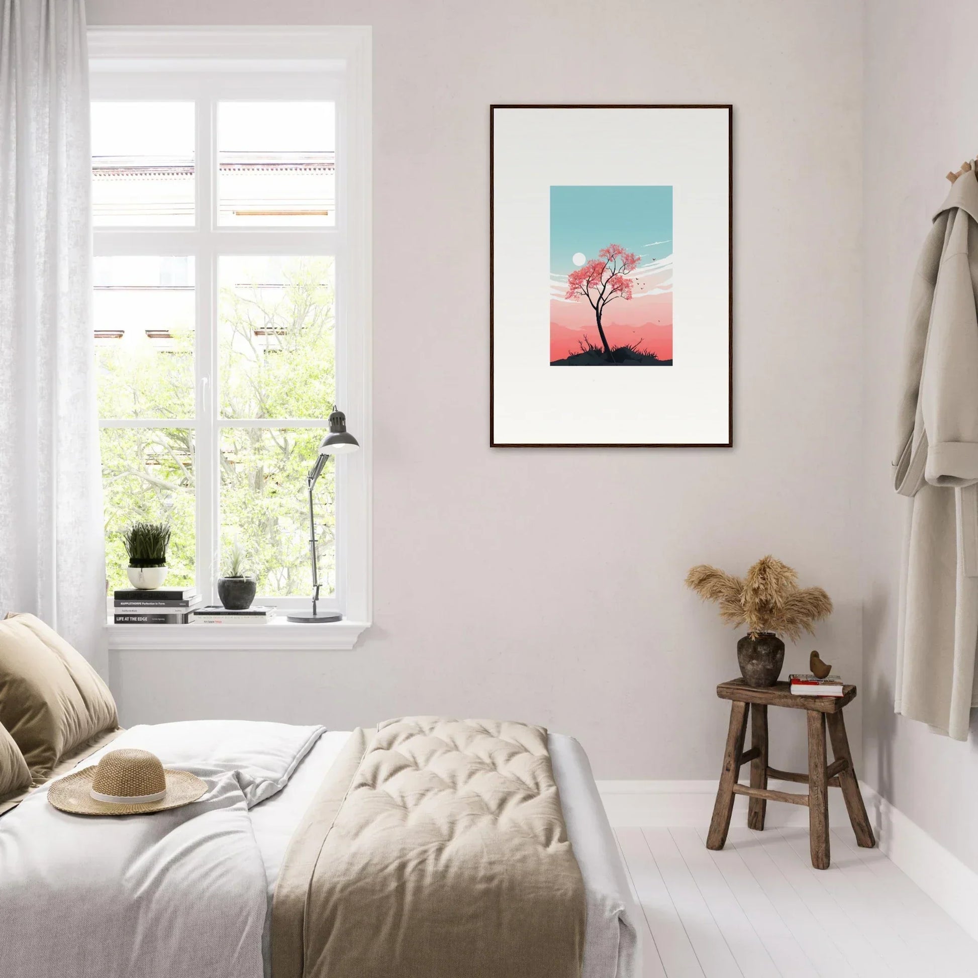 Framed canvas print of a pink tree in a blue sky for serene room decoration