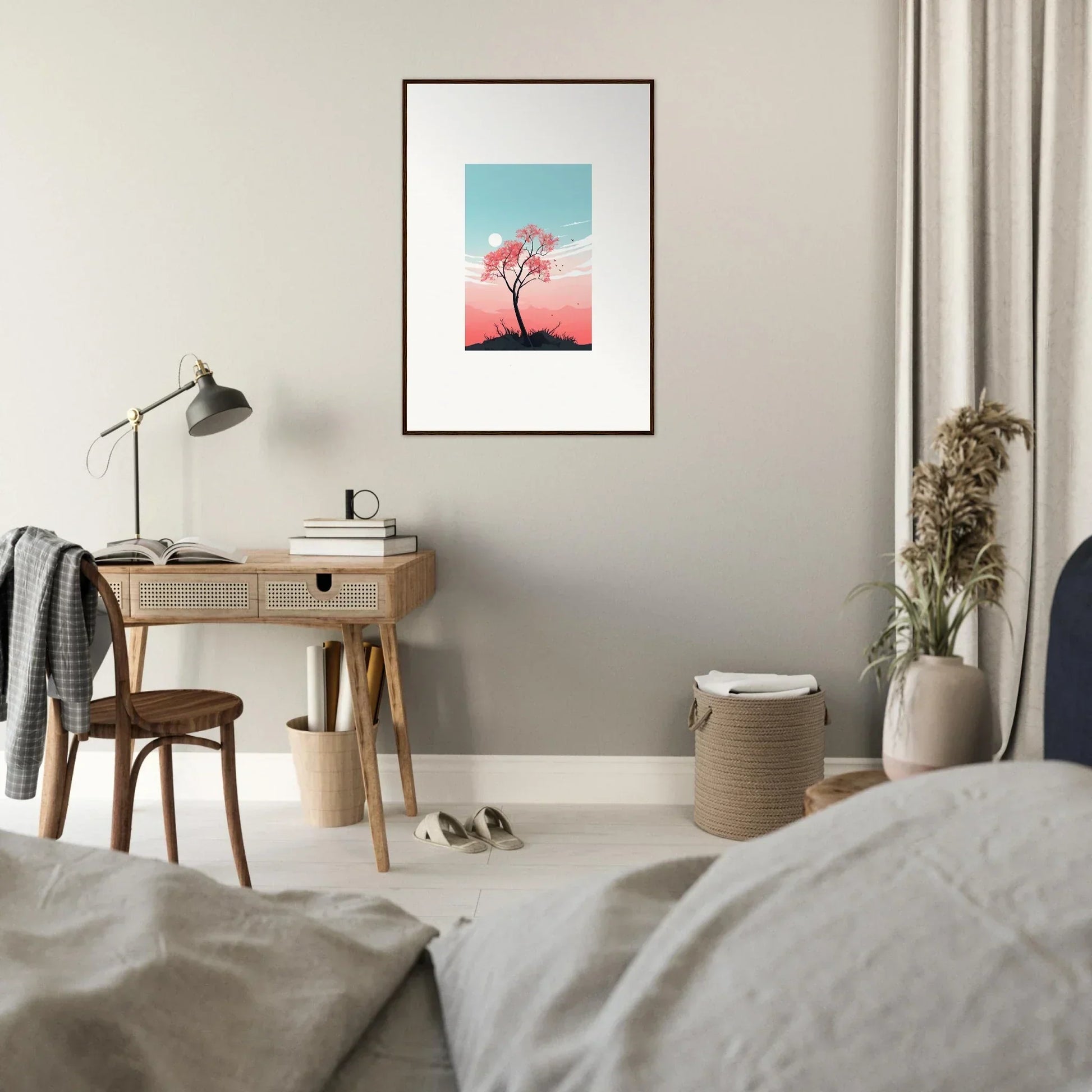 Framed canvas print of a pink tree under a blue sky for room decoration and fluttering whispers