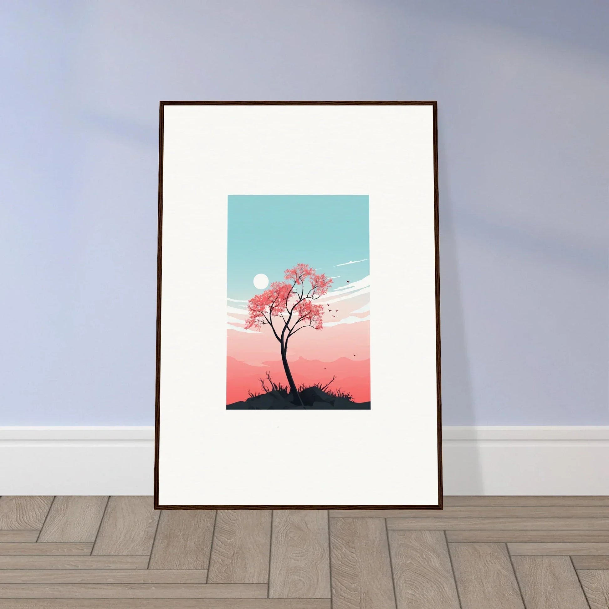 Framed canvas print of a silhouetted tree in pastel sky for room decoration, Fluttering Whispers