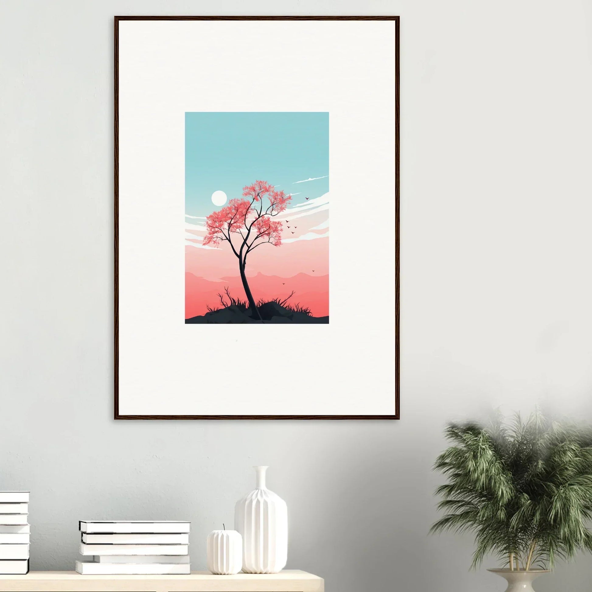 Framed canvas print of cherry blossom tree silhouette, perfect for room decoration and fluttering whispers vibe