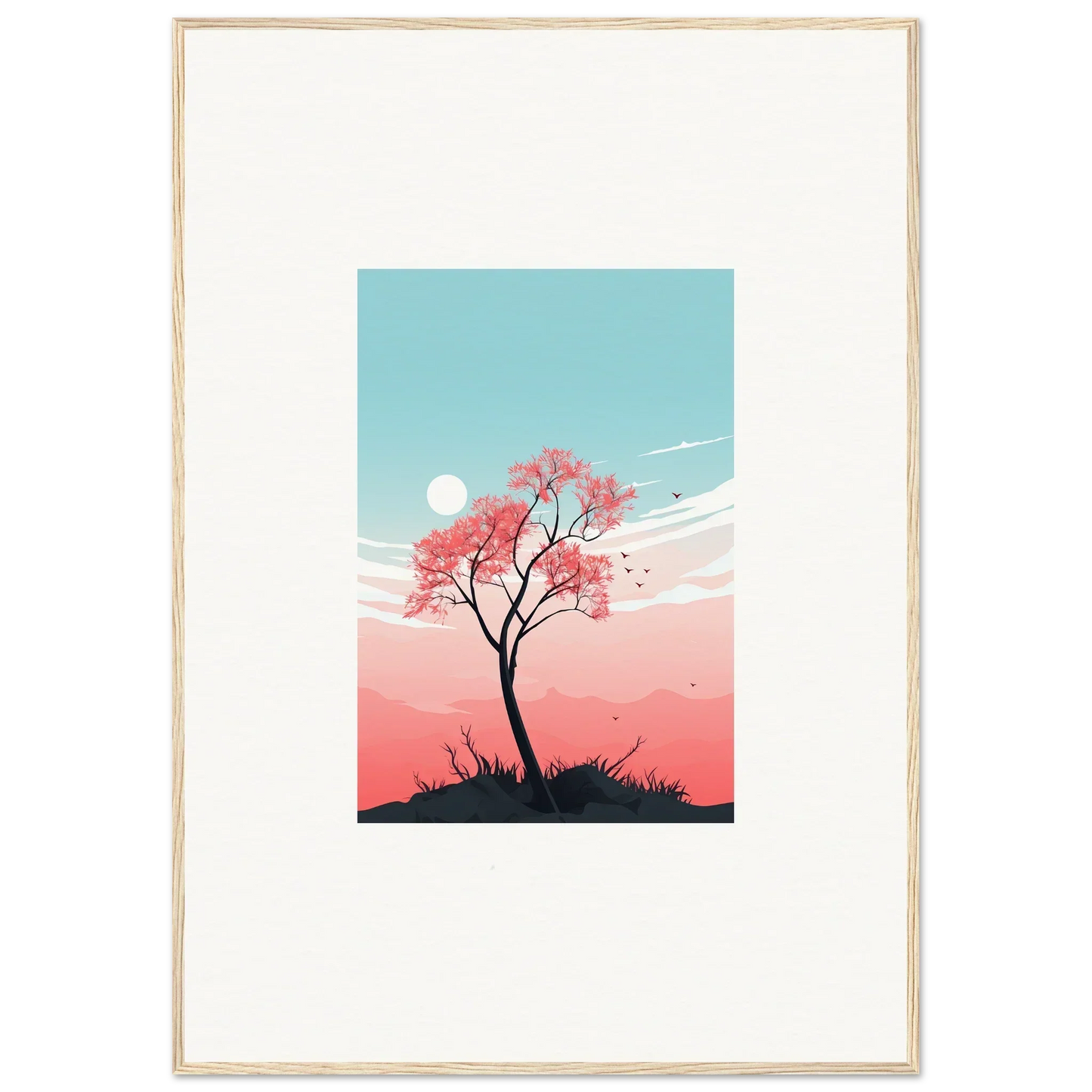 Solitary tree with pink blossoms, perfect for Serenity’s Fluttering Whispers canvas print