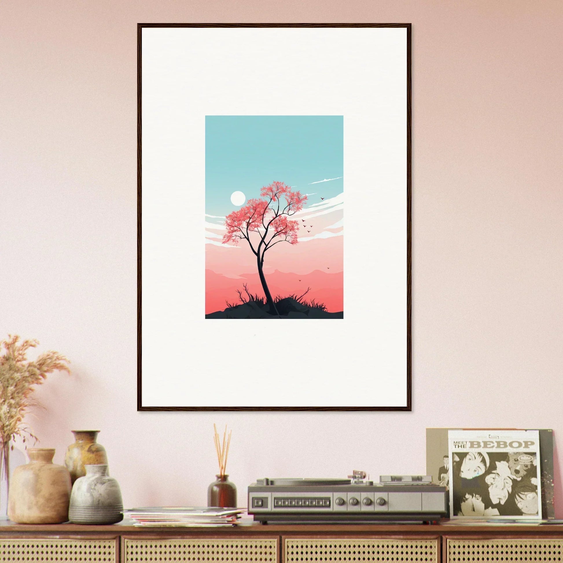 Framed canvas print of a tree with pink blossoms for serene room decoration