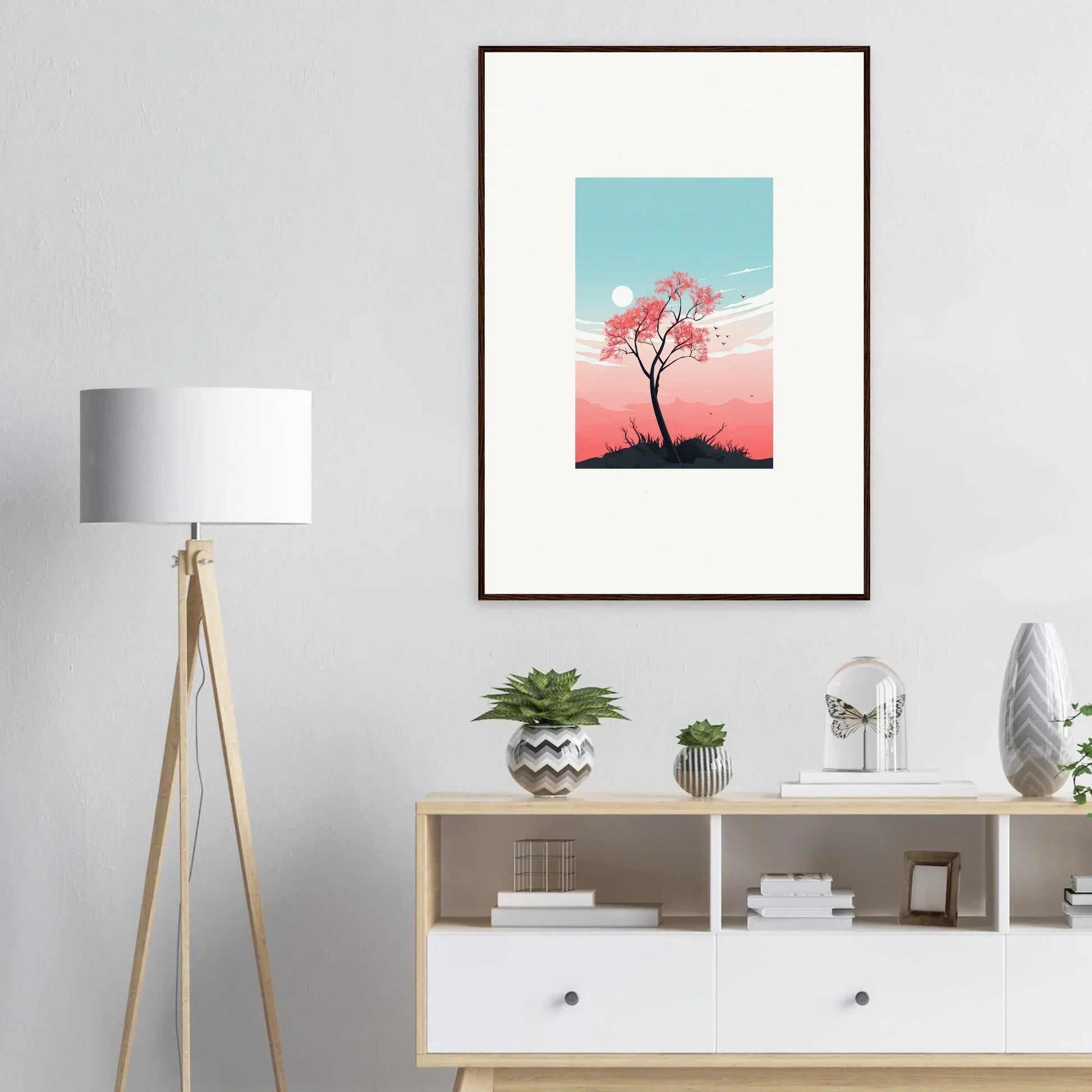 Framed canvas print of a solitary tree in pink and blue skies for serene room decoration