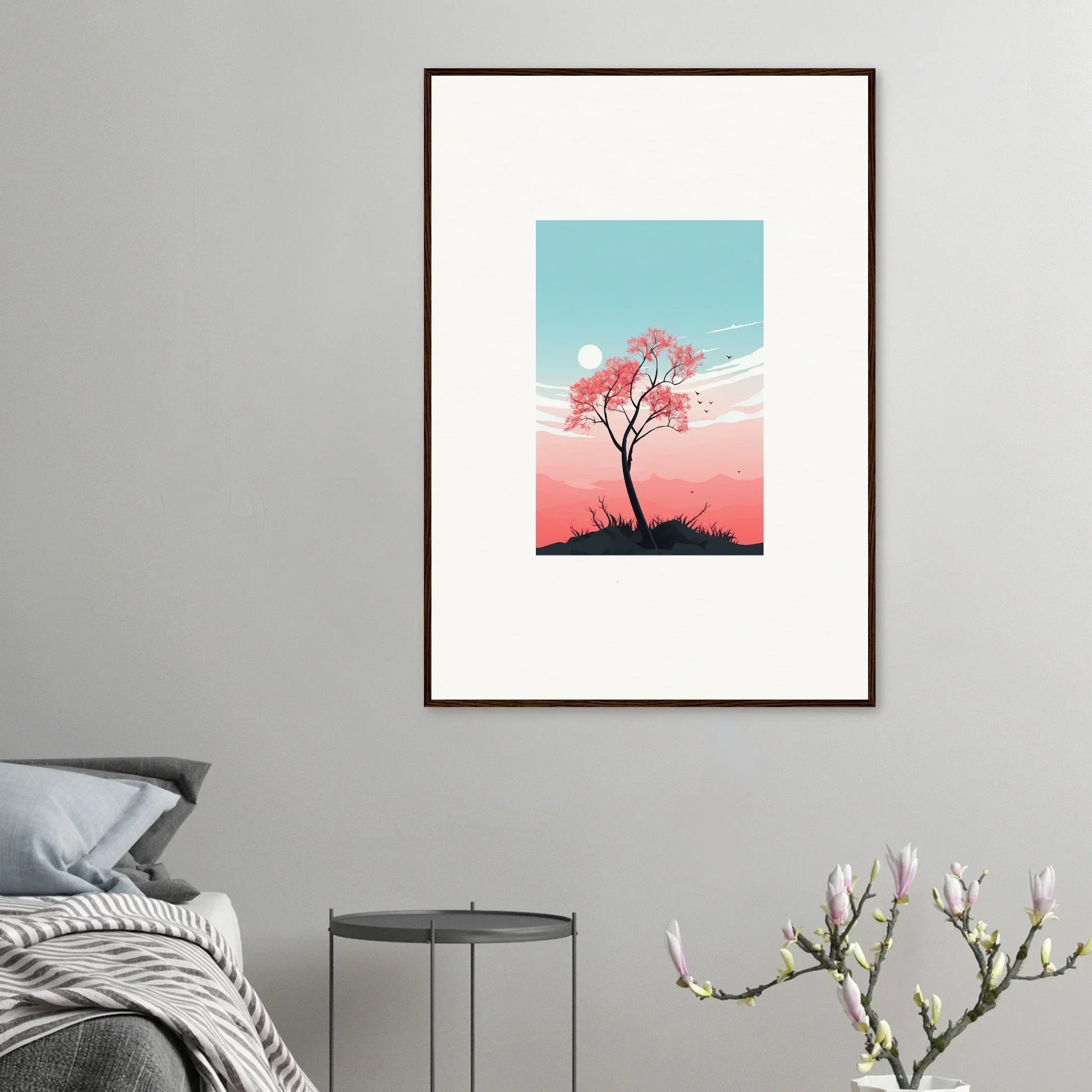 Framed canvas print of a tree silhouette in pink and blue for cozy room decoration