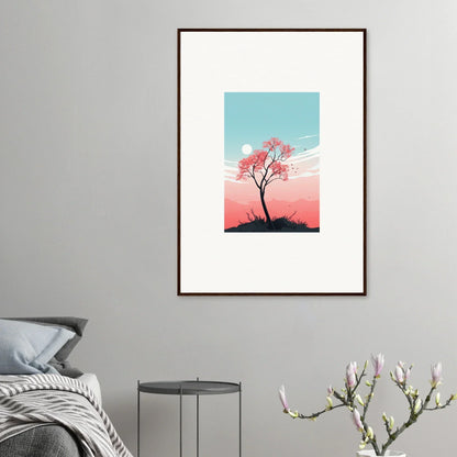 Framed canvas print of a tree silhouette in pink and blue for cozy room decoration