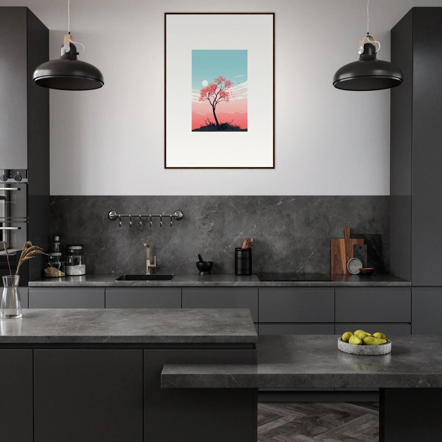 Modern kitchen with dark cabinetry and Serenity’s Fluttering Whispers canvas print