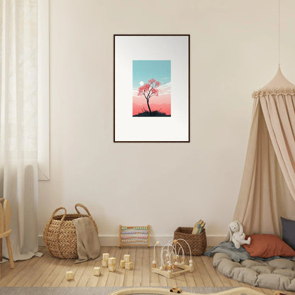 Framed canvas print of a lone tree with colorful sky for serene room decoration