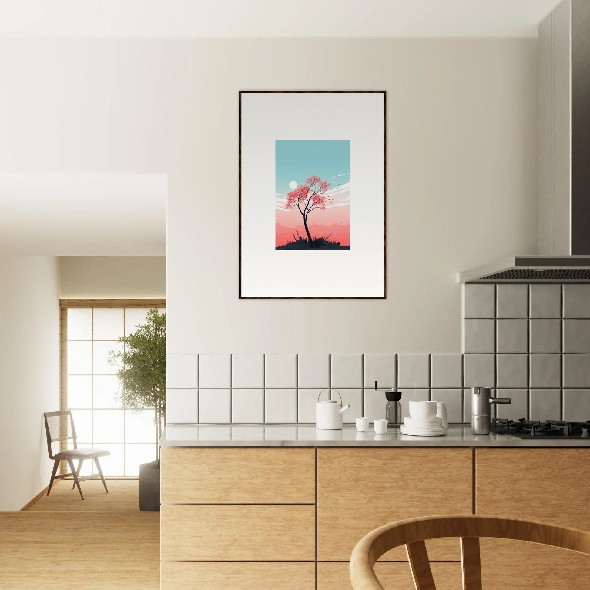 Framed canvas print of a tree silhouette with pink and blue sky for room decoration