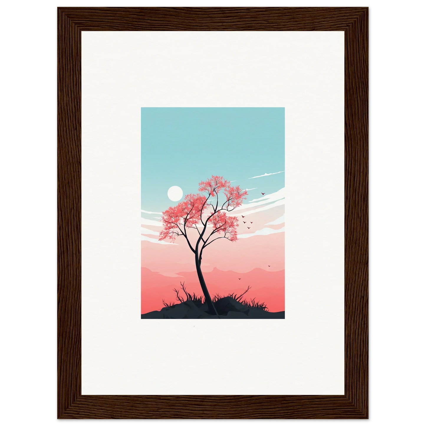 Framed canvas print of a cherry blossom tree for serene room decoration with fluttering whispers