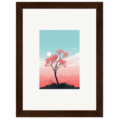 Framed canvas print of a cherry blossom tree for serene room decoration with fluttering whispers