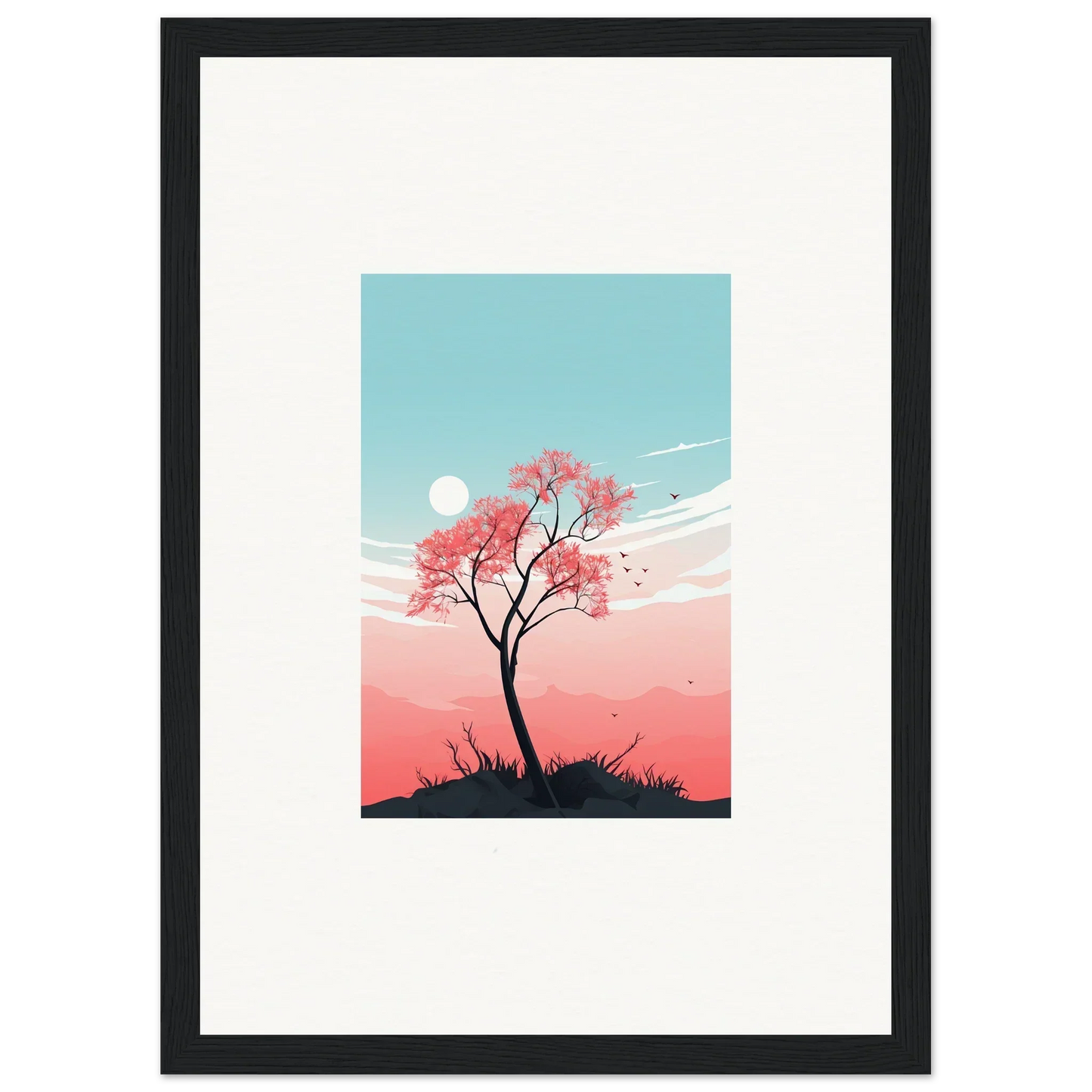 Lone tree with pink blossoms in a pastel sky for a serene canvas print room decoration