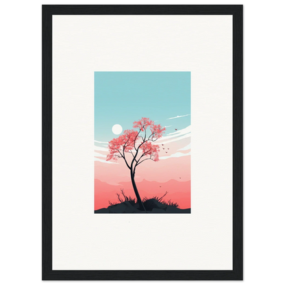 Lone tree with pink blossoms in a pastel sky for a serene canvas print room decoration