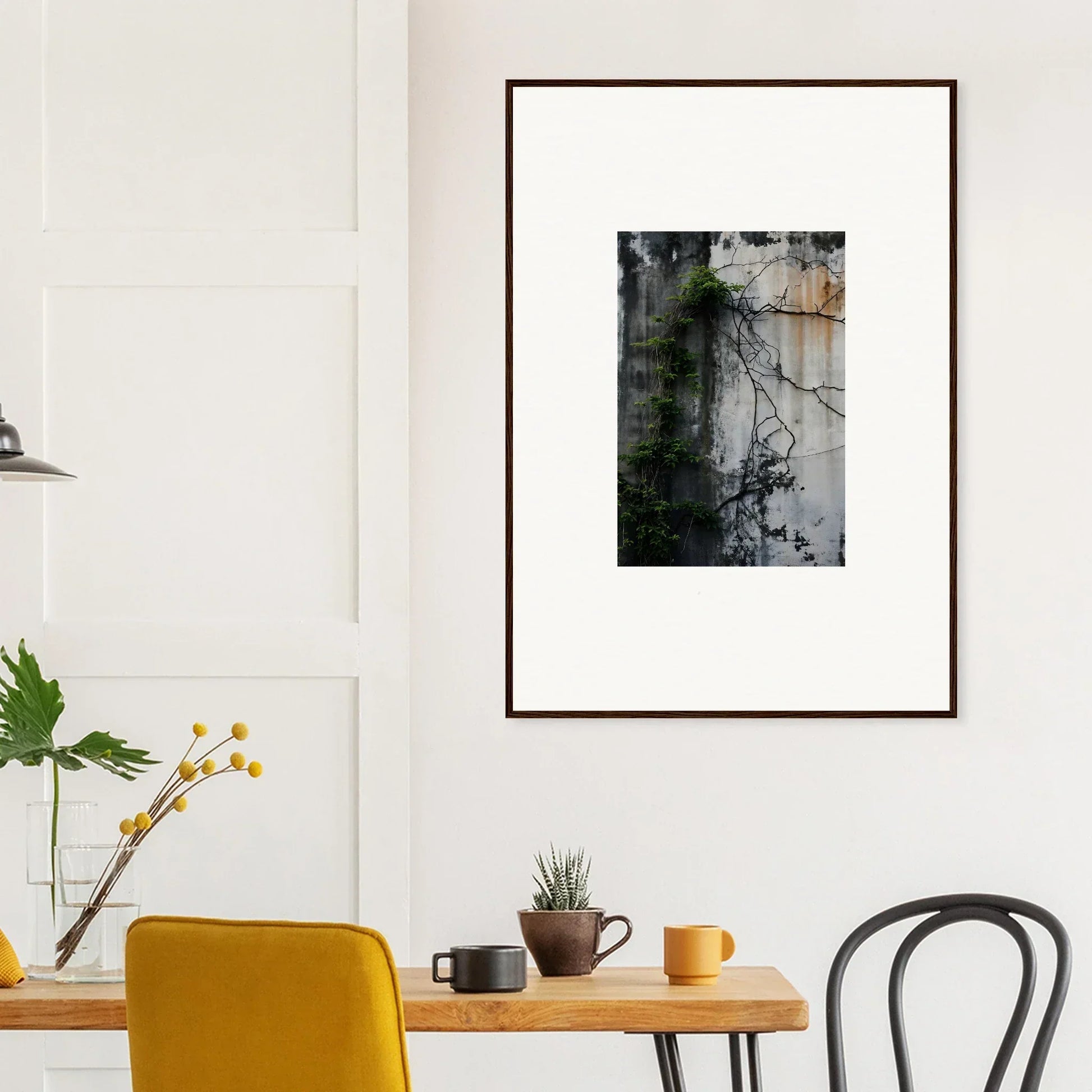 Framed wall art featuring a weathered wall with climbing vines for stylish room decor