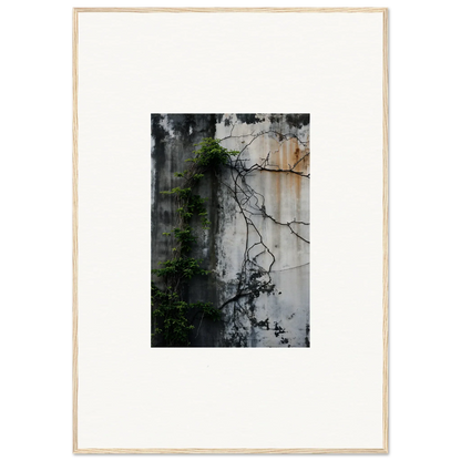 Framed wall art of a weathered wall with vines, ideal for room decor