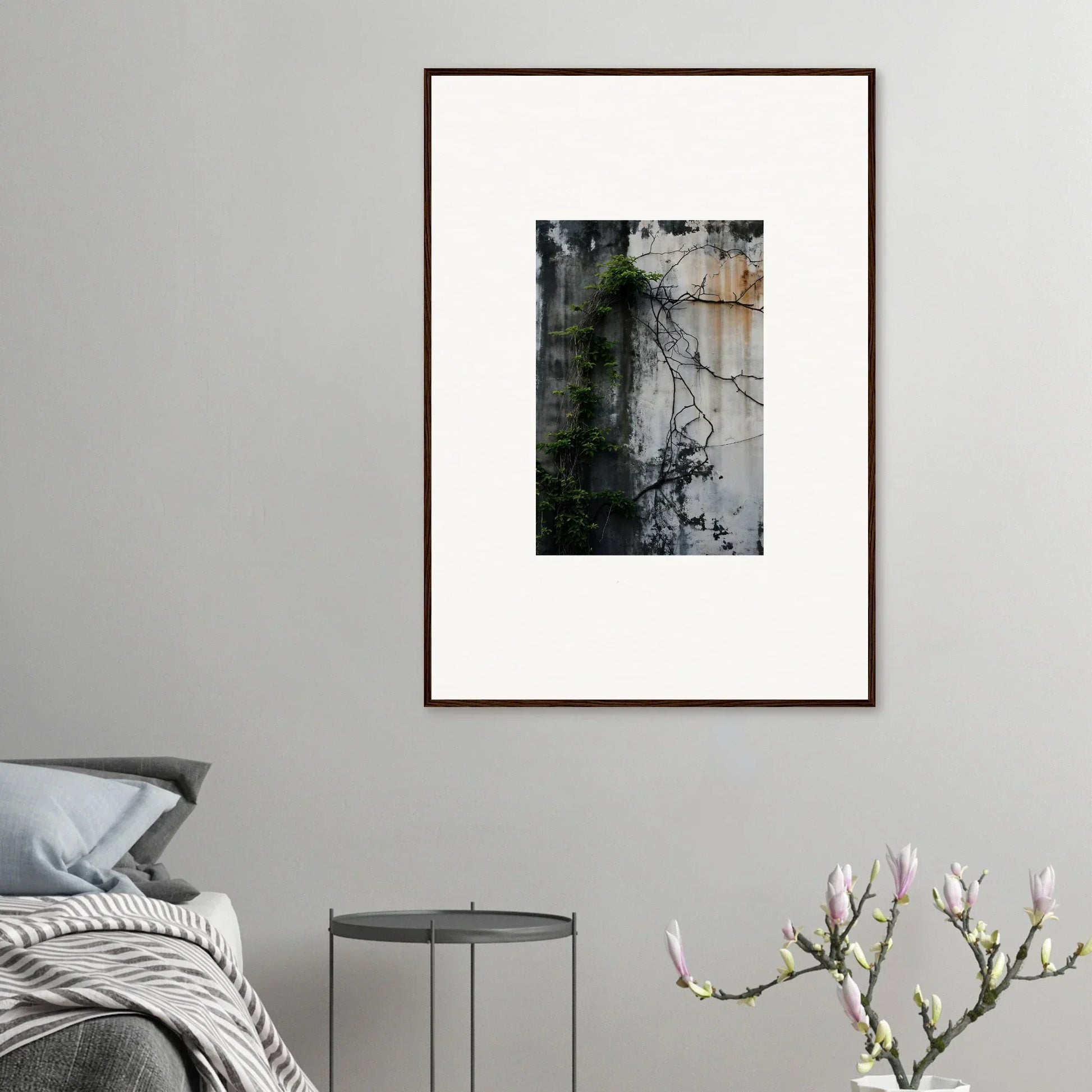 Framed wall art featuring a weathered wall with climbing vines for stylish room decor