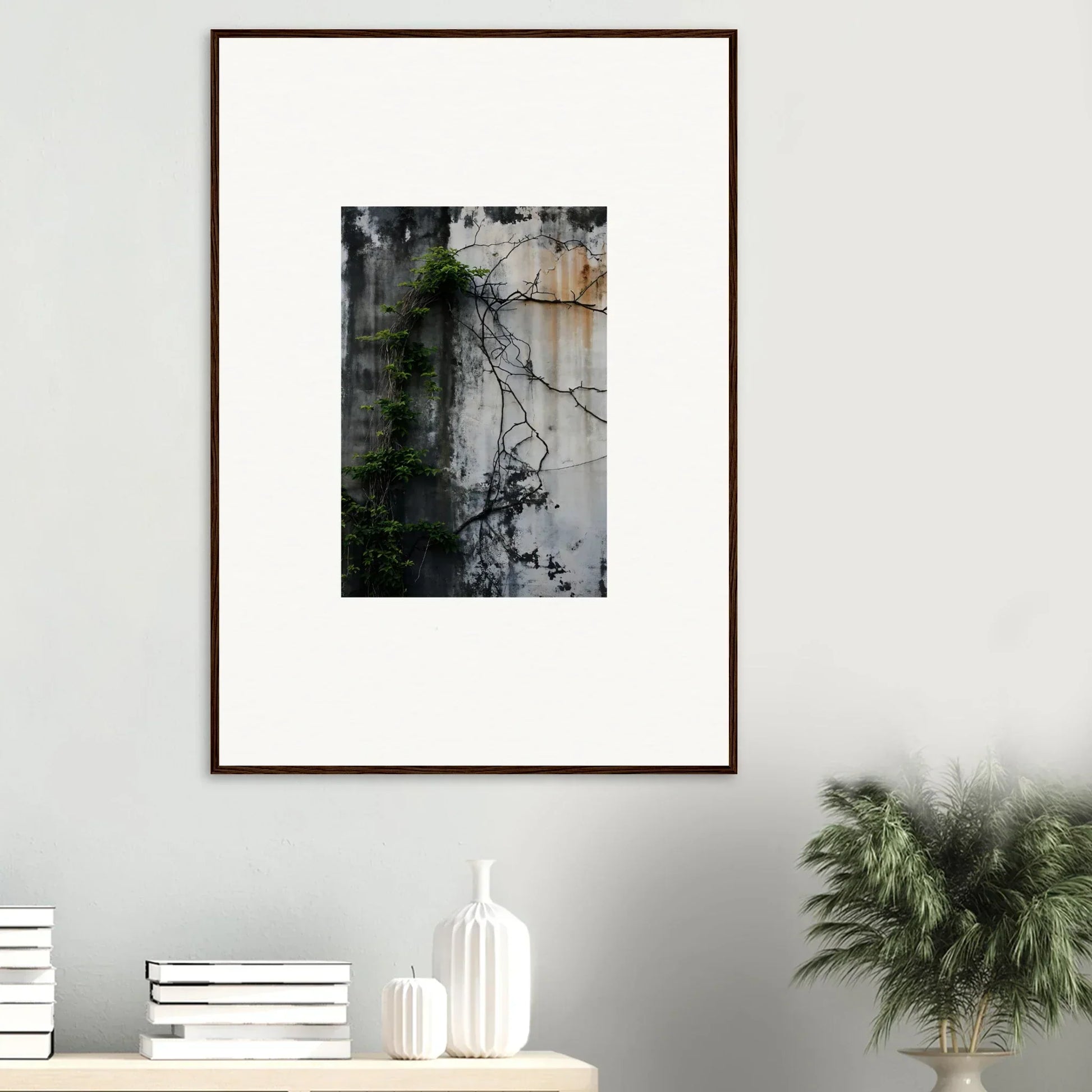 Framed wall art of a weathered wall with vines, perfect for room decor