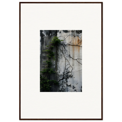 Framed wall art of a weathered concrete wall with vines for stylish room decor