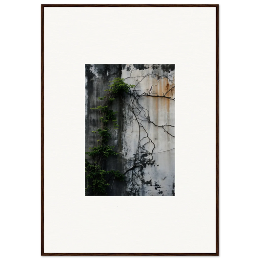 Framed wall art of a weathered concrete wall with vines for stylish room decor