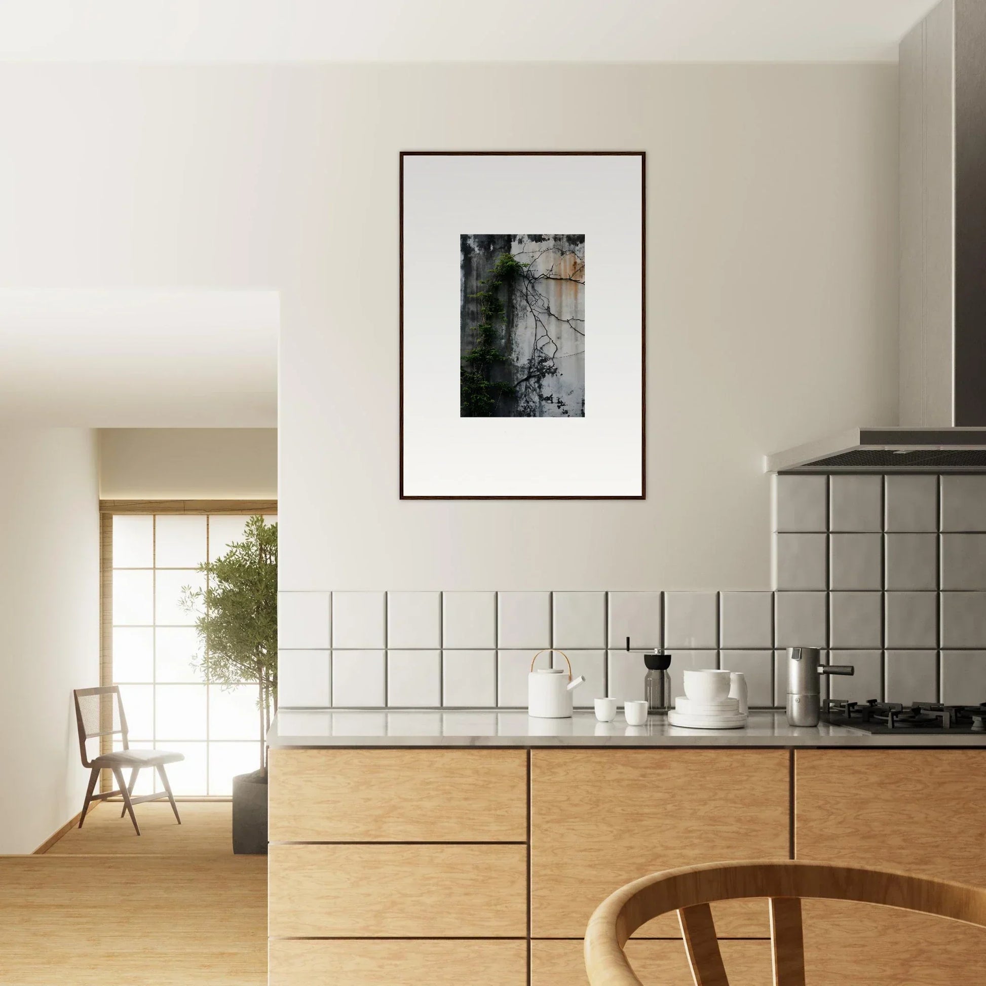 Modern kitchen featuring wooden cabinets, tiled backsplash, and framed wall art decor