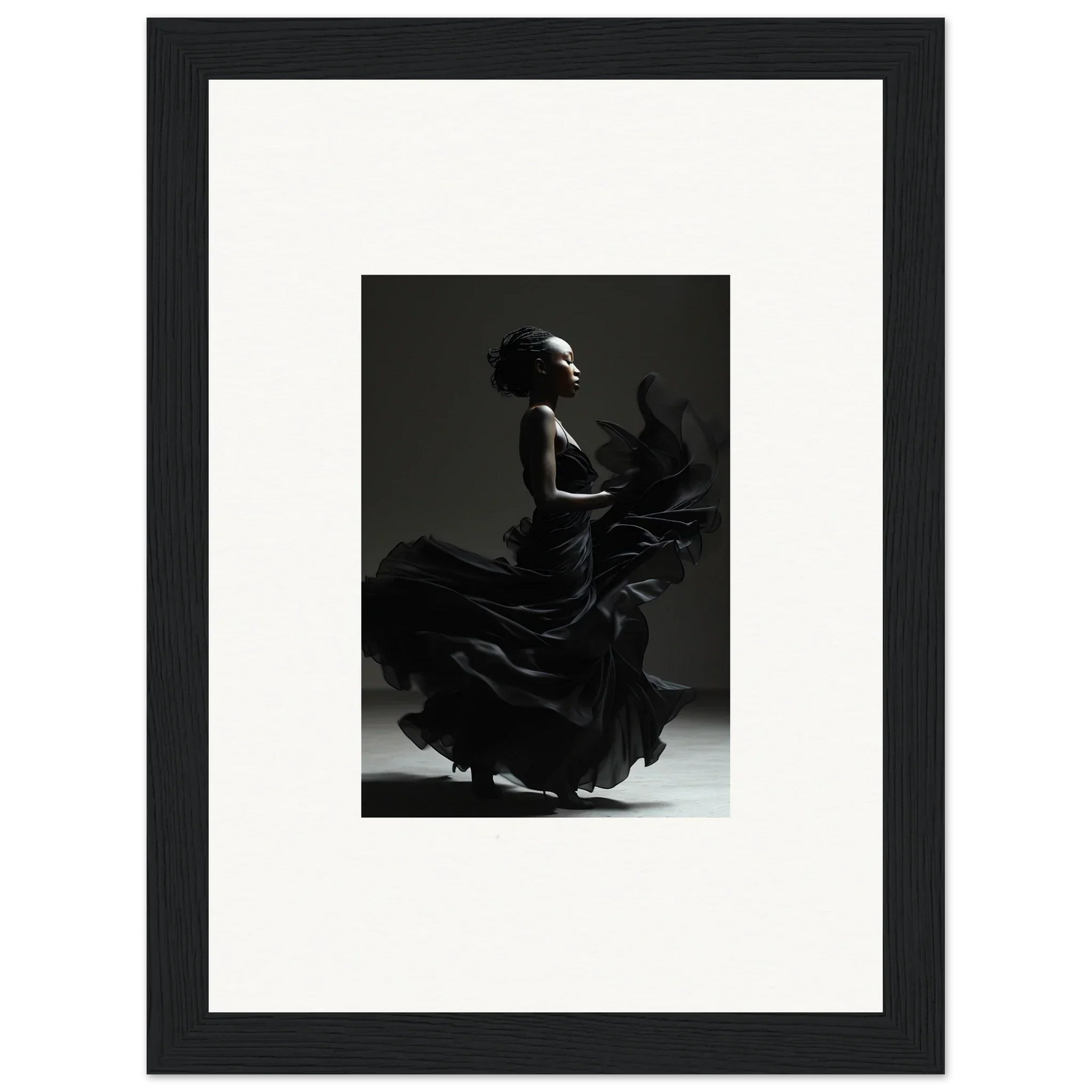 Silhouette of a flamenco dancer in a flowing dress, captured mid-motion.