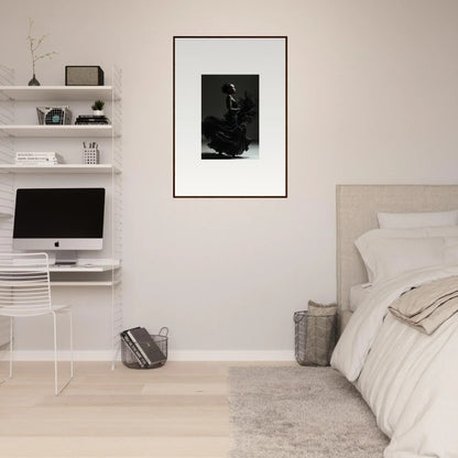 Minimalist bedroom with white walls, floating shelves, and a framed black and white photograph.