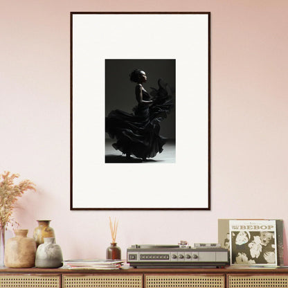 Framed black and white photograph of a flamenco dancer in motion.