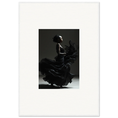 Silhouette of a flamenco dancer in a dramatic pose with a flowing ruffled dress.