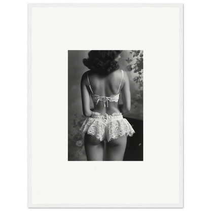 Black and white photograph of a woman in lacy lingerie, perfect for Silk Fawns wall art