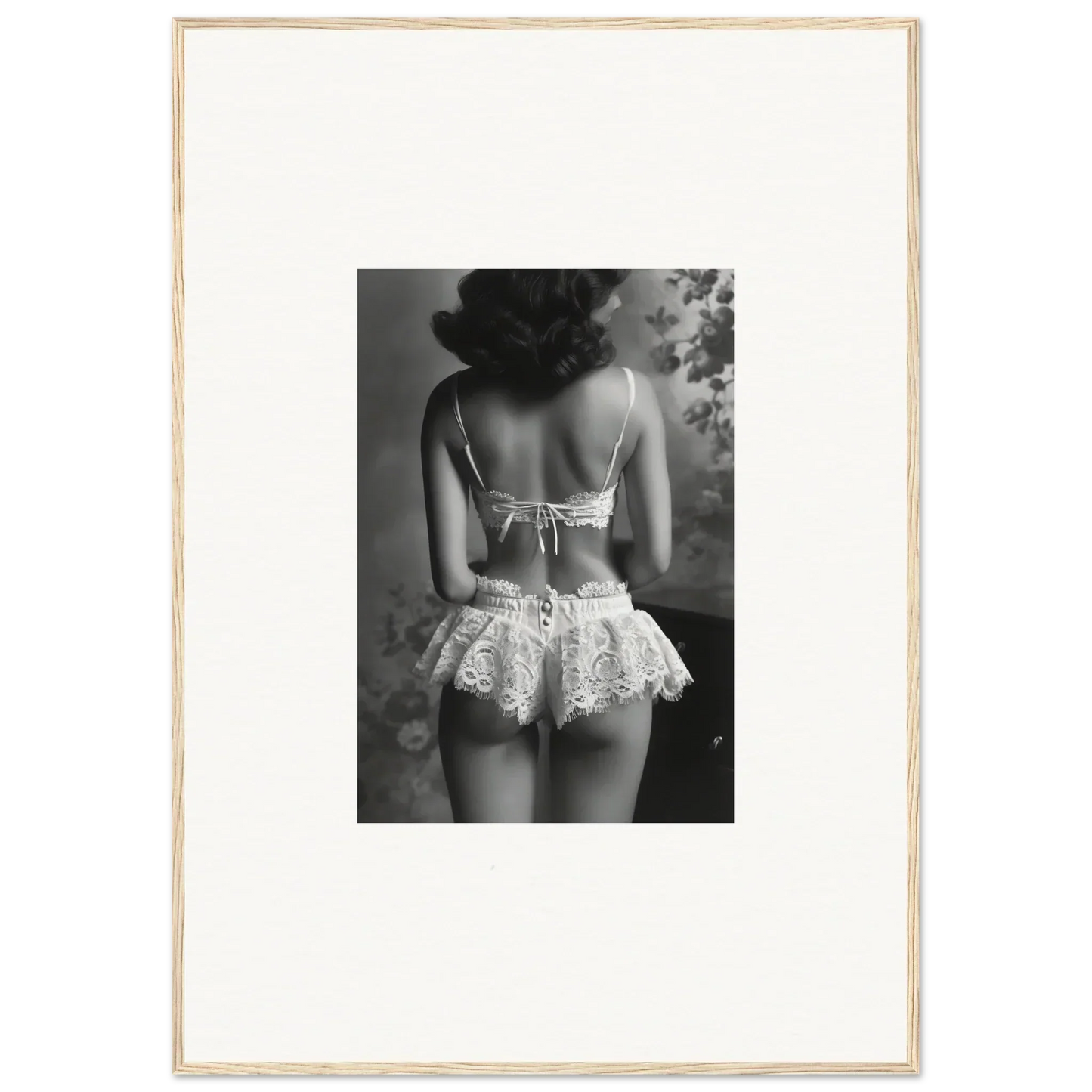 Black and white photograph of a woman in lacy lingerie for silk fawns wall art