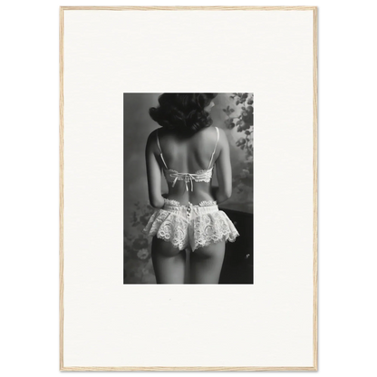 Black and white photograph of a woman in lacy lingerie for silk fawns wall art