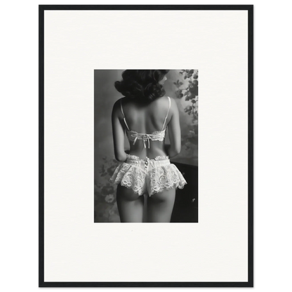 Black and white image of a woman in lacy lingerie, perfect for framed wall art or room decor