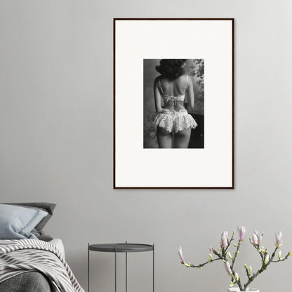 Framed black and white photograph of a person in a tutu skirt, elegant room decor