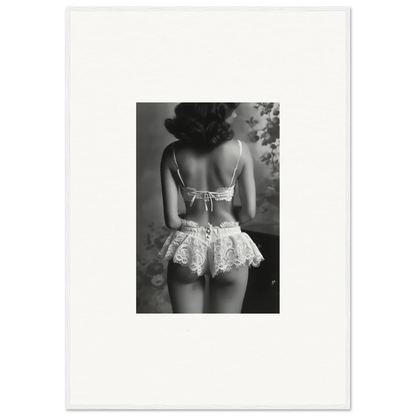 Black and white photo of a woman in lacy lingerie, perfect for silk fawns wall art