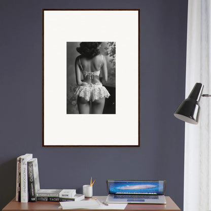 Framed black and white photograph of person in lacy shorts for stylish room decor