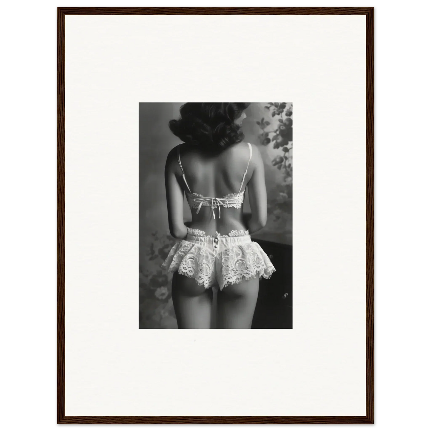 Black and white photo of a woman in lacy lingerie, perfect for silk fawns room decor