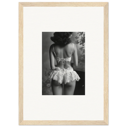 Black and white photo of a woman in lacy lingerie, ideal for silk fawns room decor