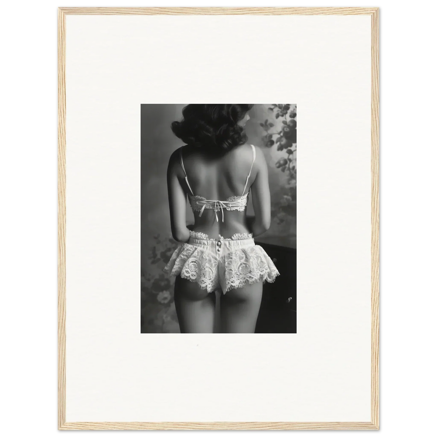 Black and white photograph of a woman in lacy lingerie for elegant Room Decor