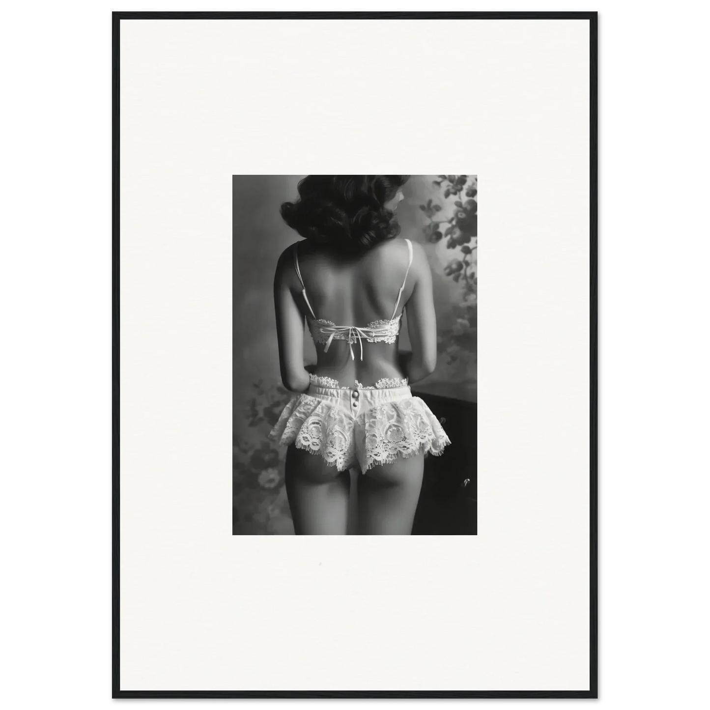 Black and white photo of a woman in lacy lingerie for elegant room decor or silk fawns