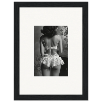 Black and white photograph of a woman in lacy lingerie, perfect for Room Decor as Framed Wall Art