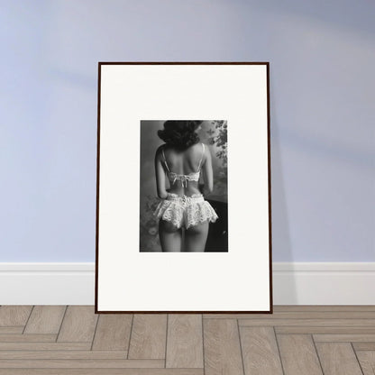 Framed black and white photograph of a woman in a lacy garment for stylish room decor