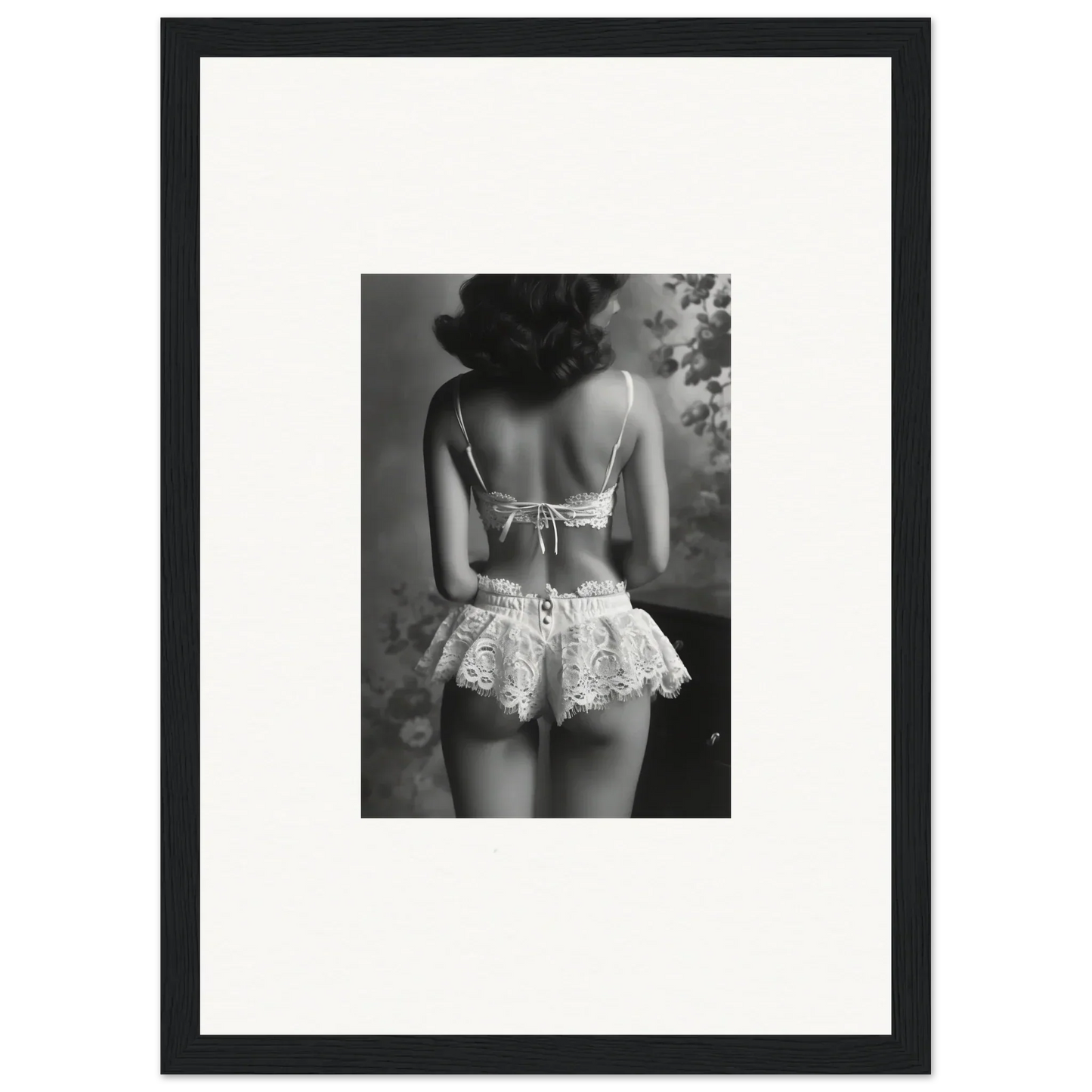 Black and white image of woman in lacy lingerie for elegant Room Decor with Silk Fawns