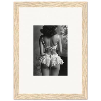 Elegant black and white photo of a woman in lacy lingerie showcasing Silk Fawns framed wall art