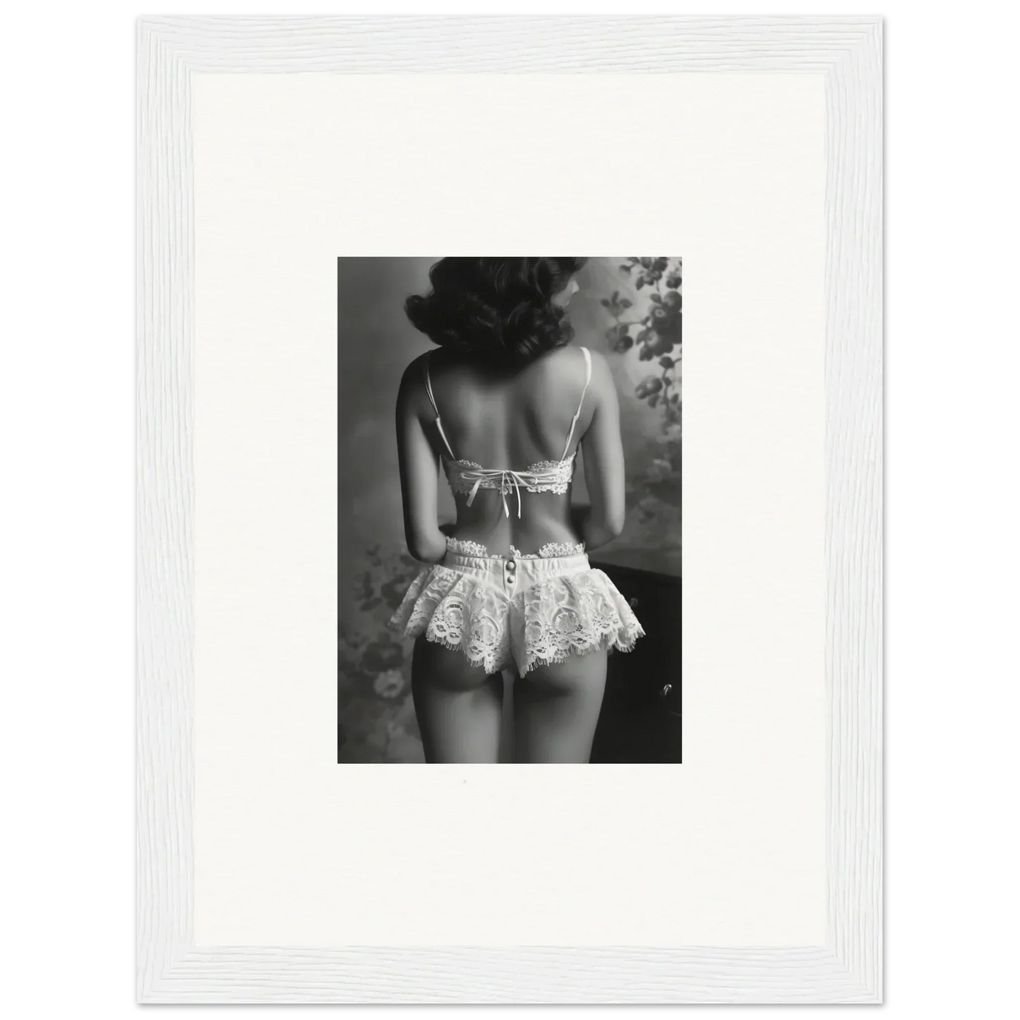 Black and white photo of a woman in lacy lingerie, perfect for silk fawns wall art